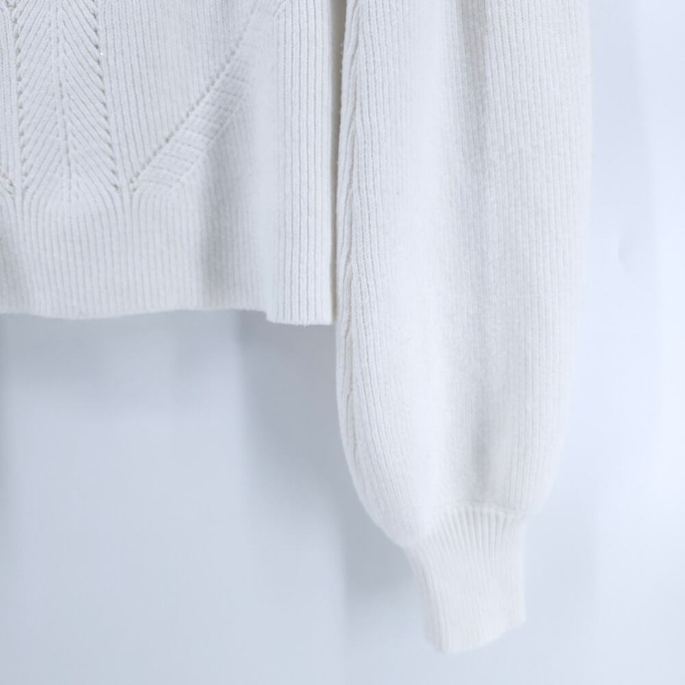 French Connection White Polymide Crop LaceKnit MockNeck Sweater Balloon Sleeve M - Picture 5 of 11